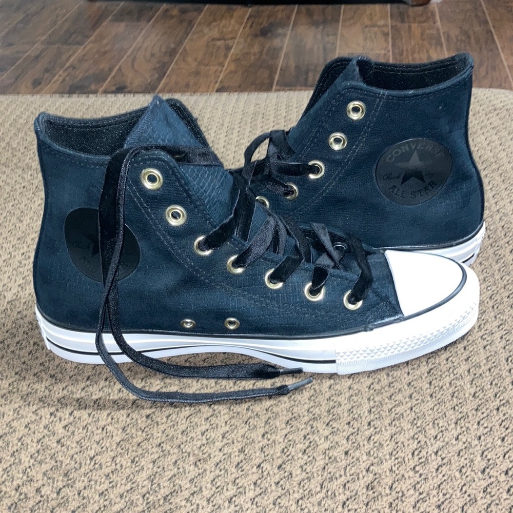 Converse All Star Hightops, size 7.5 women’s, black with gold eyelets, NWOT
